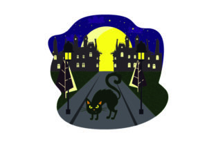 Black Cat Crossing Street with Full Moon - Halloween